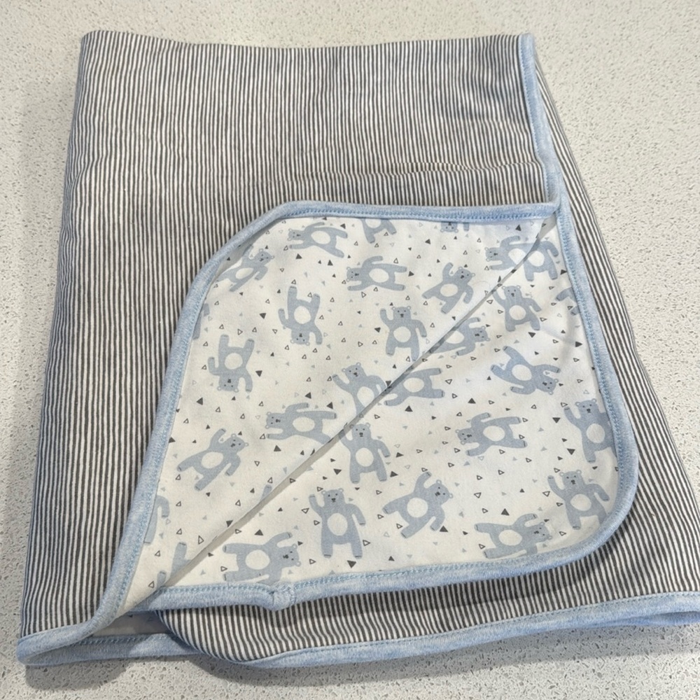 Snugababy Baby Blanket White gray striped blue Bears Reversible Cotton